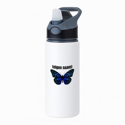 Hacebo® - blauwe vlinder met eigen naam waterfles met rietje zwart - Vlinder - dieren liefhebber - iemand die houdt van vlinders - verjaardag - cadeau - kado - geschenk - water fles - 650ML