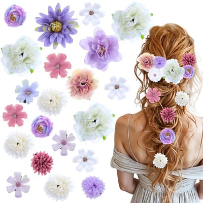 Dailygoods- Haarclip Bloemen - 21 Stuks - Haarspelden Dames - Haaraccessoires - Bruiloft - Paars/Wit - Zinklegering - Haarspeld