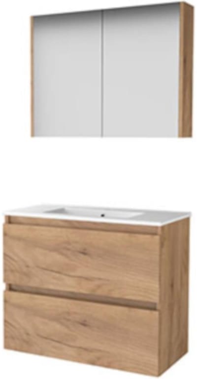 Basic-Line Comfort 39 Badkamermeubelset - Ondiep - 80 x 39 cm - Greeploos - 2 Lades - Keramische Wastafel - 1 Kraangat - Spiegelkast - Whisky Oak