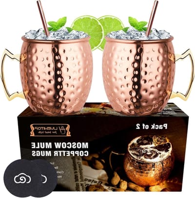 Set van 2 Koper Moscow Mule Mokken van 18oz met Coasters voor Cocktails, Wijn en Bier - Perfect voor Thuis, Bar en Feesten