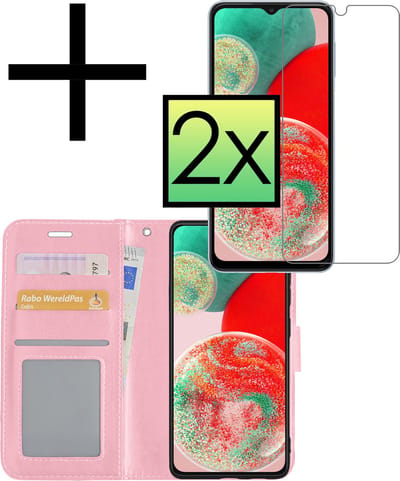 Hoesje - Met 2x Screenprotector - Geschikt voor Samsung Galaxy A23 - Luxe Pasjeshouder - Bookcase Portemonee - Flip Case - Kunstleer Book Case - Flipcase Hoes - Book Cover - Walletcase - Portemonneehoes - Lichtroze