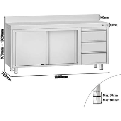 GGM Gastro Edelstahl Arbeitsschrank ECO - 1800x700mm - mit 3 Schubladen rechts & Aufkantung Zilver