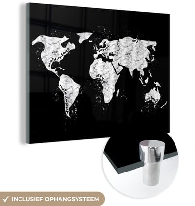 ® Glasschilderij 120x90 cm - Schilderij acrylglas - Wereldkaart - Marmer - Zwart - Wit - Foto op glas - Muurdecoratie woonkamer - Wanddecoratie slaapkamer - Schilderijen