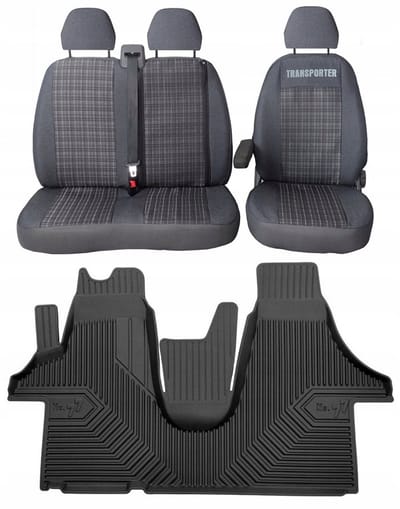VW Transporter T6 2015-2023 - Set Autostoelhoezen + 77-Line Vloermatten - 2+1 Configuratie - Maatwerk - Hoogwaardig TPE