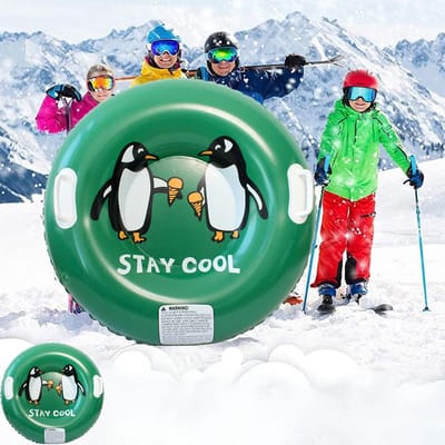 Opblaasbare Snow Tube Met Voetpomp – Extra Stevige Winter Slee – Groen Met Pinguïn Print – Dikke PVC – Slijtvast – 80 cm – Met Handgrepen