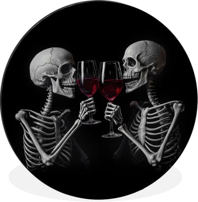 WallCircle - Wandcirkel - Muurcirkel - Skeletten - Wijn - Proost - Schedel - Zwart - Aluminium - Dibond - 30x30 cm - Binnen en Buiten