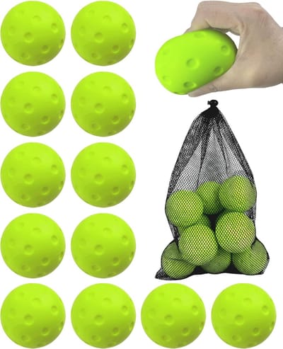 Schuim-pickleball – Pak van 12 – Gemaakt van PU-schuim – Inclusief opbergnet – Geluidsarme schuimrubberen ballen – Realistisch stuiteren – Hoge elasticiteit – Trainingsballen – Indoor training – Geschikt voor tennis en pickleball – Groen