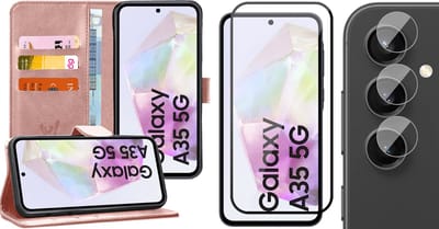 Hoesje geschikt voor Samsung Galaxy A35 - Screenprotector Volledig Dekkend Glas & Camera - Portemonnee Book Case Rosegoud