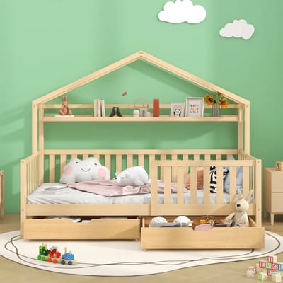 VVBV Huisbed 90x200 cm met Voor Kinderen/Tieners, Huisdesign - Lattenbodem, USB, Lades - Massief Hout Naturel