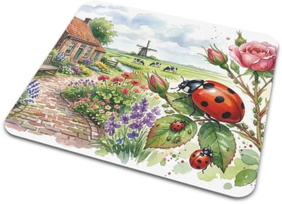 Muismat Lieveheersbeestje - Rode Kevers op Rozenstruik bij Nederlandse Boerderij - Bloemen Tuin "Aquarel Serie" Mousepad met Molen - Kleurrijke Bureau Decoratie Cadeau voor haar: Vrouw, Vriendin & Collega - Insecten Illustratie - Vrolijk Design