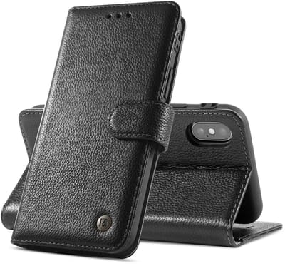 Echt Lederen Book Case Hoesje - Leren Portemonnee Telefoonhoesje - Geschikt voor iPhone Xs Max - Zwart