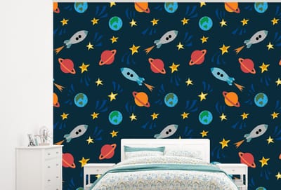 Behang - Fotobehang Patronen - Aarde - Ruimte - Raket - Jongens - Kinderen - Jongetje - Kids - Breedte 300 cm x hoogte 240 cm