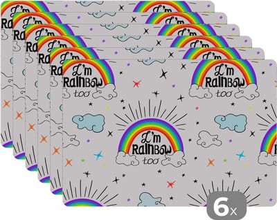 Placemat - Placemats kunststof - Regenboog - Wolken - Patroon - 45x30 cm - 6 stuks - Hittebestendig - Anti-Slip - Onderlegger - Afneembaar