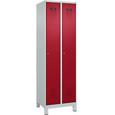 C+P Evolo Plus garderobekast, 2 vakken, 300 mm vakbreedte, met poten, rechts scharnierend, cilinderslot, B 600 x D 500 x H 1950 mm, lichtgrijs/ruinrood
