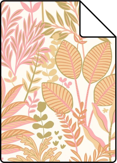 Proefstaal ESTAhome behang tropische bladeren en bloemen groen en roze - 26.5 x 21 cm - 131665-S