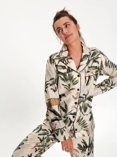 Jungle pyjama set dames–klassiek shirt& lange broek–handgeschilderde print–100% Katoensatijn–maat S