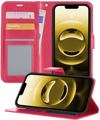 Hoesje - Met Pasjeshouder - Geschikt voor Apple iPhone 16e - Luxe Bookcase Portemonee - Flip Case - Kunstleer Book Case - Flipcase - Book Cover - Walletcase - Portemonneehoes - Telefoonhoesjes - Donkerroze