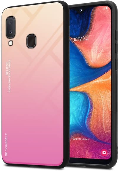 Cadorabo Hoesje geschikt voor Samsung Galaxy A10e / A20e in GEEL - ROZE - Tweekleurige beschermhoes van TPU-silicone Case Cover en achterzijde van gehard glas
