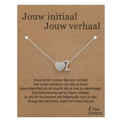 Letter Z ketting op Cadeau Kaartje - Jouw initiaal, jouw verhaal - 45cm Zilverkleurig Stainless Steel - Initiaal & Hartje Hanger - Pax Amare