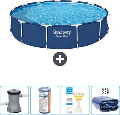 Bestway Rond Steel Pro Zwembad - 396 x 84 cm - Blauw - Inclusief Pomp Filter - Testrips - Solarzeil