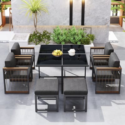 MODFU - 7-Delige Tuinset - Met Vier Fauteuils En Twee Voetbanken - Modern - Voor Terras - Metaal, Glas En Polyester - Zwart/Naturel