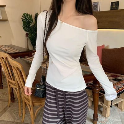 Nieuw Ontwerp-sensorisch Effen Kleur Off-shoulder Longsleeve T-shirt voor Dames in de Lente Niche, Unieke Off-shoulder Pure Desire Top XL white