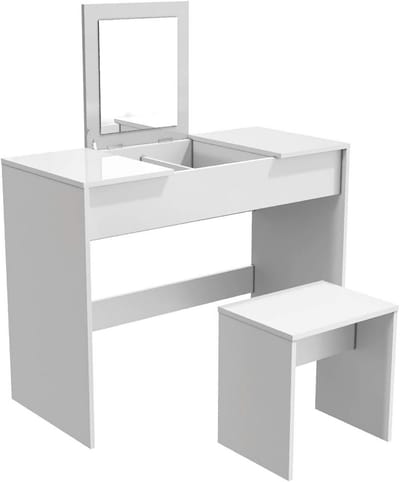 Makeuptafel met Kruk en Inklapbare Spiegel - Wit 2-in-1 Design