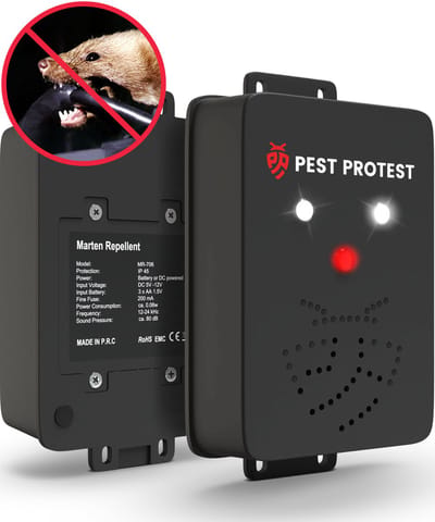 Pest Protest Marterverjager - Steenmarter Verjager voor Binnen en Buiten - Op Batterijen, 12V of Auto Accu - Ultrasoon - Outdoor Ongedierte Verjager