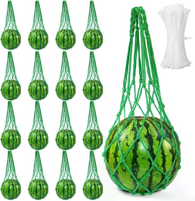 Hangnet voor watermeloenen - 16 stuks - Met bevestigingsbandjes - Stevig en duurzaam hangnet voor meloenen, pompoenen en cantaloupes - Geschikt voor tuin- en moestuinplanten - Binnen- en buitengebruik - Groen