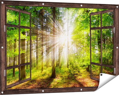 Gards Tuinposter Doorkijk Bos met Zon tussen de Bomen - 120x80 cm - Tuindoek - Tuindecoratie - Wanddecoratie buiten - Tuinschilderij