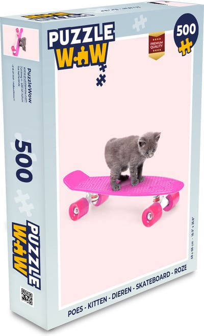 Puzzel Poes - Kitten - Dieren - Skateboard - Roze - Legpuzzel - Puzzel 500 stukjes