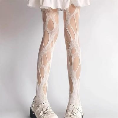 Sexy Punk Dames Kous met Gaten Visnet Sokken Gothic Kant Party Ondergoed Panty wit