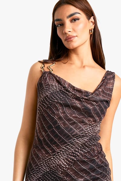 boohoo Dames Croc Print Cowl Mesh Slip Jurk | Brown | Maat: 8