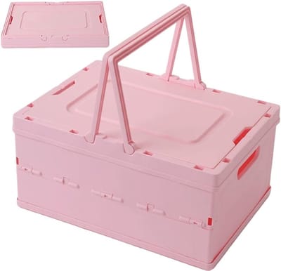 Grote Vouwbare Opbergmand met Handvat en Deksel voor Kasten, Badkamer en Keuken - 30 x 21 x 16.5 cm (Roze)
