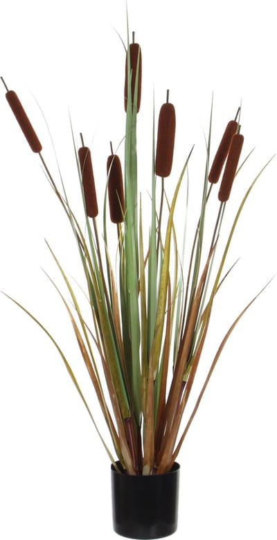 Groene Lisdodde/grasplant kunstplant met sigaren 90 cm in bruine pot - Kunstplanten/nepplanten - Grasplanten