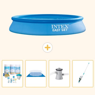 Intex Rond Opblaasbaar Easy Set Zwembad - 305 x 61 cm - Blauw - Inclusief Onderhoudspakket - Grondzeil - Zwembadfilterpomp - Stofzuiger - 5-delig