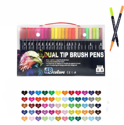 KZQ Dubbele stift markerset - Fijne punt en penseelpunt - Voor kleurboeken kalligrafie tekenen en DIY -48 kleuren