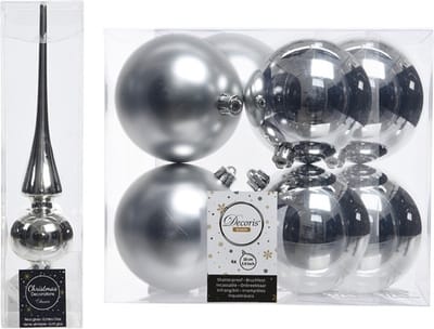 Kerstboom decoratie zilver piek en 8x kerstballen 10 cm