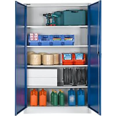 Materiaalkast - stalen - afsluitbaar - 5 OH - B 1200 x D 400 x H 1935 mm - 4 verzinkte legborden - lichtgrijs/gentiaanblauw - ons merk Schäfer Shop Select