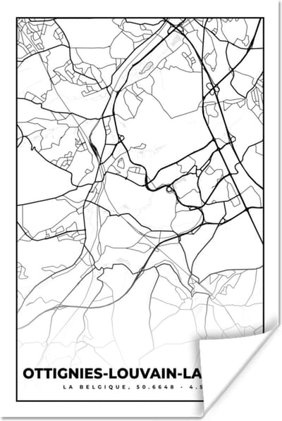 Poster België – Ottignies Louvain la Neuve – Stadskaart – Kaart – Zwart Wit – Plattegrond - 120x180 cm XXL