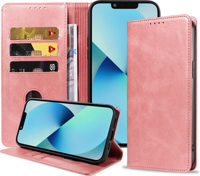 Smartphonica iPhone 13 kunstleren hoesje met magnetische sluiting en pashouders book case - Roze geschikt voor iPhone 13