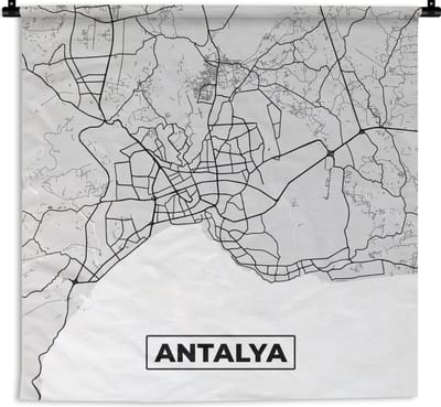 Wandkleed - Wanddoek - Antalya - Stadskaart - Plattegrond - Zwart Wit - Kaart - 180x180 cm - Wandtapijt