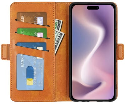 Mobiq - PU Lederen Wallet Hoesje met Sluiting geschikt voor iPhone 17 - lichtbruin