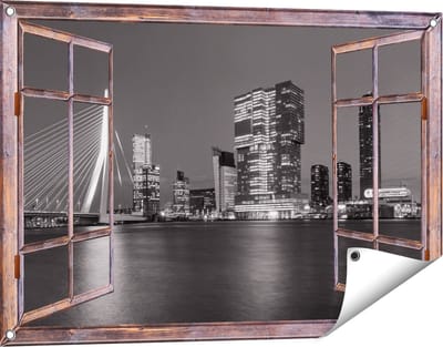 Gards Tuinposter Doorkijk Rotterdamse Skyline - Zwart Wit - 90x60 cm - Tuindoek - Tuindecoratie - Wanddecoratie buiten - Tuinschilderij