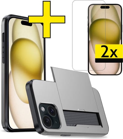 Hoesje Geschikt voor iPhone 15 Hoesje Case Pashouder Hard Cover Met 2x Screenprotector - Hoes Geschikt voor iPhone 15 Hoesje Met Kaarthouder - Grijs
