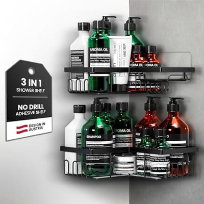 PromoHome Hoek Doucherek Set van 2 - Zelfklevend & Schroefmontage - Badkamer Opslagplanken Roestvrij Staal - Douche Organizer voor Shampoo en Badaccessoires - Zwart