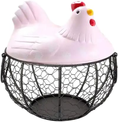 Opbergmandje Kip - Eierhouder Keramiek - Keuken Organiseren - Schattig Kip Design - 19 cm hoog - Roze