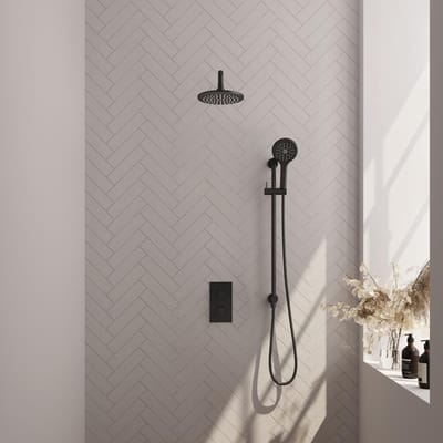 Brauer Black Carving Thermostatische Regendoucheset Inbouw - Hoofddouche 20 cm - Gebogen Wandarm - 3 Weg - Handdouche 3 Standen - Doucheslang - Geintegreerde Glijstang - Mat Zwart