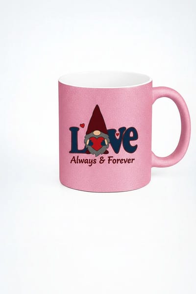 Roze Glitter Valentijn Mok met Lieve Gnome en "Love Always & Forever" - Perfect Cadeau