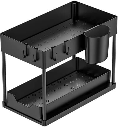 Opbergrek - Keukenorganizer - 1 stuk - 40 × 22 × 33,5 cm - 2-laags - met uittrekbare lade - Veelzijdig opbergrek voor badkamers, aanrechtbladen en wasruimtes - Zwart